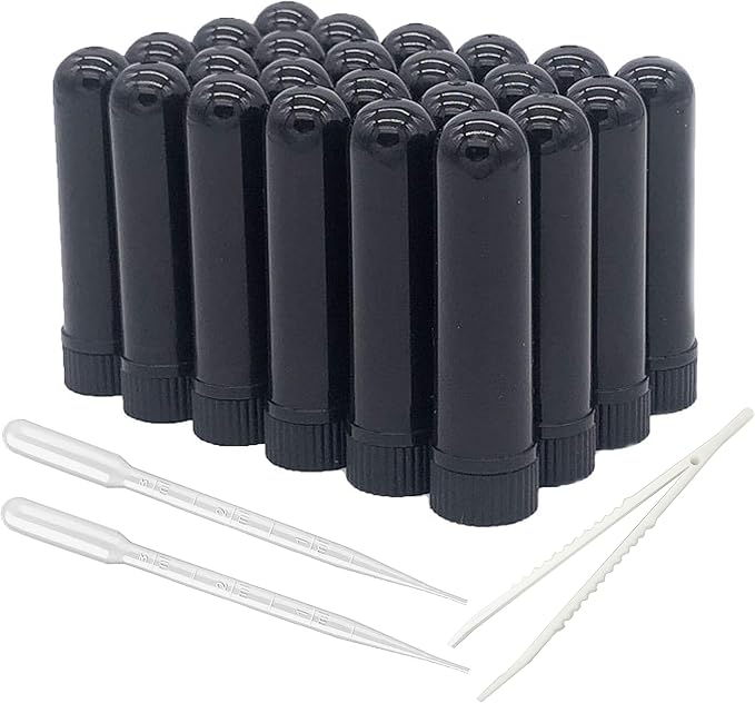 Essential Oil Aromatherapy Blank Nasal Inhaler Tubes (Includes 24 inhalers+36 unscented Wicks+2 Plastic Droppers+1 Plastic Tweezers)-Black.