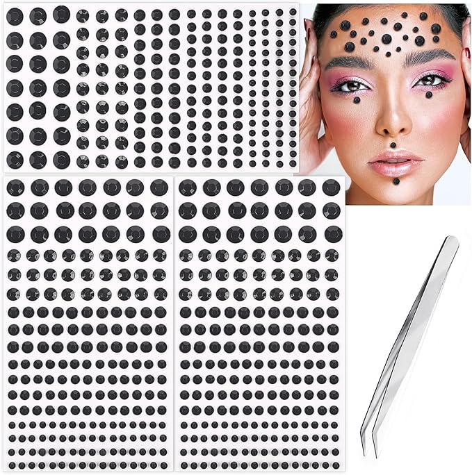 591pcs Face Gems Hair Gems Pearls, Self-Adhesive Face Jewels Eye Rhinestones 3/4/5/6/8 mm Face Gem Stick on, Halloween Makeup Gems Rave Accessories for Face Eyes Body Makeup (13.Black)