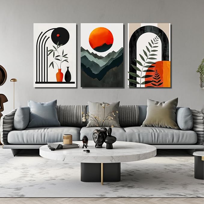 DNIEOTU Boho Canvas Wall Art for Living Room, Bohemian Wall-Decor for Bedroom, Minimalist Geometric Shapes Picture Prints, Size 24 x 36 Inches 3-Pieces