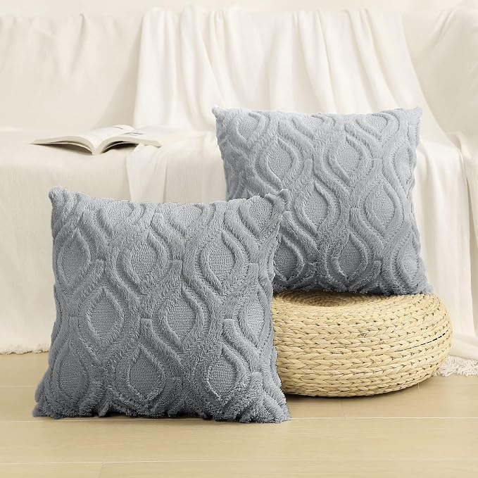 decorUhome Faux Fur Plush Soft Grey Throw Pillow Covers 12x20 Set of 2 | Wool Solid Fall Couch Pillow Covers, Accent Modern Farmhouse Neutral Decorative Square Pillow Cases for Sofa Bed Living Room