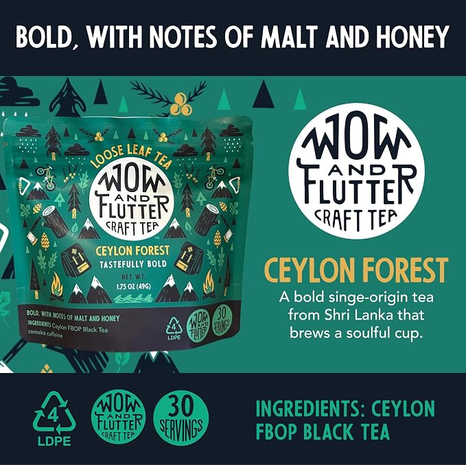 Wow and Flutter Ceylon Forest Loose Leaf Black Tea | Single-Origin Sri Lankan FBOP Leaves, Bold, Smooth & Naturally Sweet Malt + Honey Notes | Small-Batch Fresh Packed - 1.75 oz Pouch