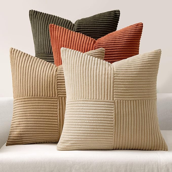 MIULEE Rust-Olive Green Decorative Throw Pillow Covers 16x16 Inch Set of 4 Boho Color-Clash Cushion Cases Farmhouse Pillow Cases Corduroy Striped Home Decor for Couch Sofa Living Room Bed