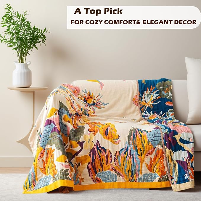 VANJOROY Boho Large Throw Blanket for Bed Couch, 100% Organic Cotton Soft Queen Throw-Floral Butterfly Decor Fall Blanket for Sofa Quilt and Gift, 80" x 90"-Beige