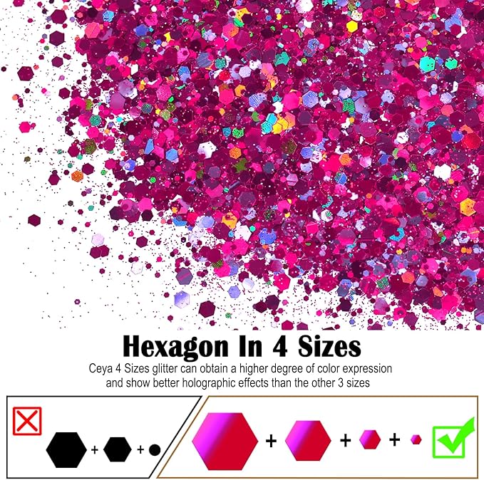 Ceya Holographic Chunky Glitter, 4.9oz/ 140g Fuchsia Craft Glitter Powder Mixed Chunky & Fine Flakes Iridescent Nail Sequins for Nail Art, Hair, Epoxy Resin, Tumblers, Slime, Painting, Festival Decor