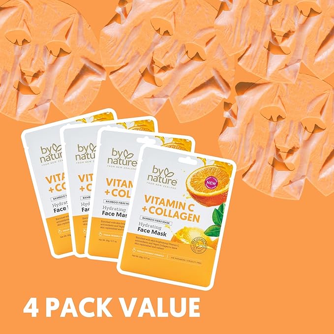 By Nature Vitamin C + Collagen Sheet Face Mask with Vitamin E – Firming, Anti-Aging Facial Treatment for Radiance, Elasticity & Hydration – Skincare for Pre-Event Glow & All Skin Types – Pack of 4