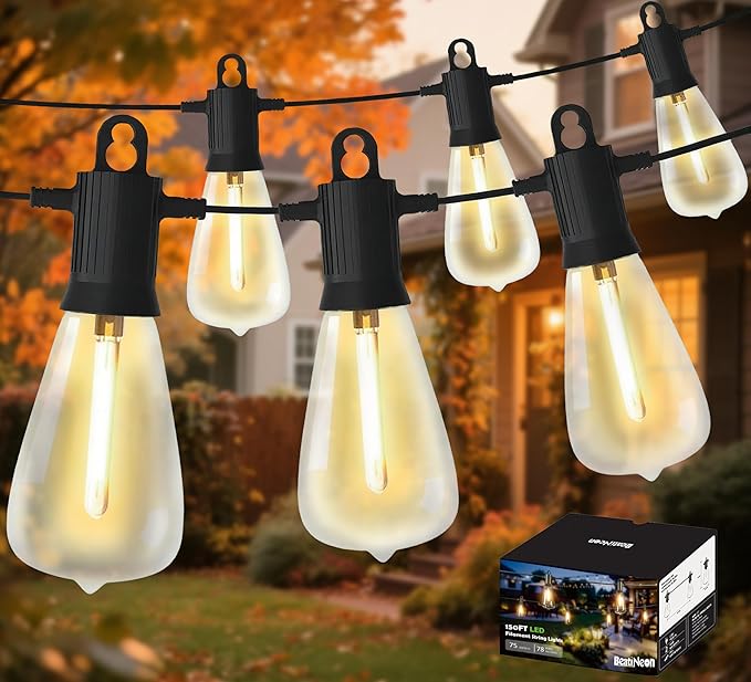 beatineon Outdoor String Lights 150ft, LED Patio Lights with 78 (75+3 Spare ST38 Shatterproof Bulbs), IP 65 Waterproof, Outside Hanging Light for Cafe Bistro Backyard (150 ft-78 Bulbs)