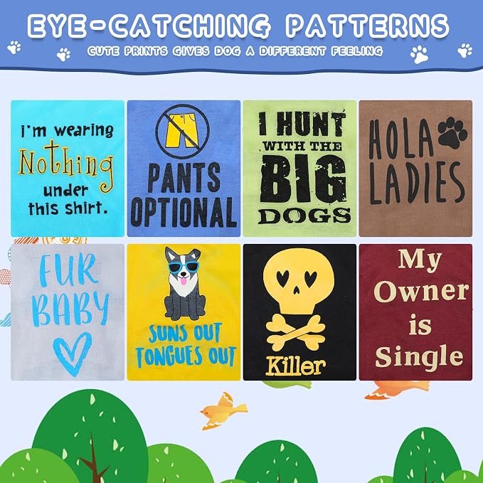 8 Pieces Dog Shirts Pet Printed Clothes with Funny Letters Summer Pet T Shirts Cool Puppy Breathable Dog Outfit Soft Sweatshirt Cats(Vivid Pattern,Small)