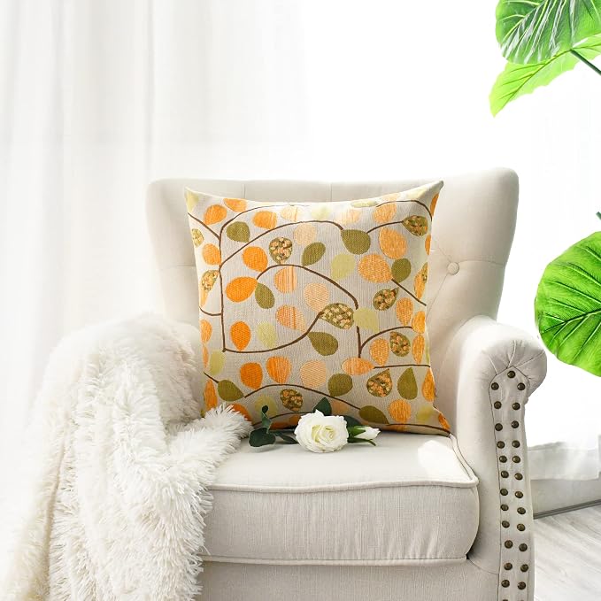 CaliTime Decorative Throw Pillow Covers 18 X 18 Inches Ecru Orange | Luxury Chenille Cute Leaves Cushion Case Shell for Couch Sofa Bed Living Room Home