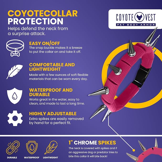 CoyoteCollar Spike Dog Collar, Adj/Replaceable Spikes, Small, Pink