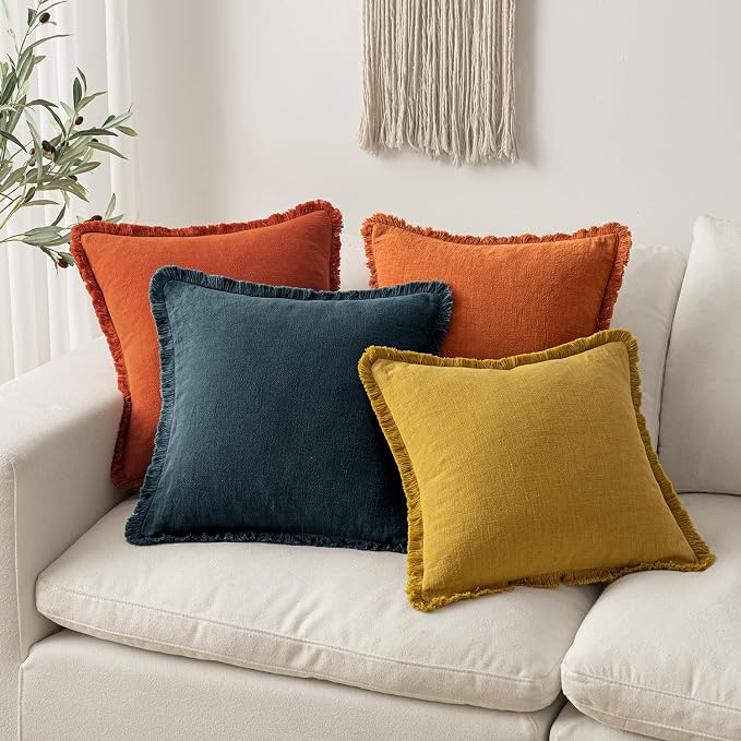 MIULEE Linen Decorative Fall Euro Throw Pillow Covers Burnt Orange 24x24 | Set of 2, Cottagecore Decor, Boho Farmhouse Neutral Fringe Pillow Covers, Rustic Fall Couch Cushion for Sofa Bed Living Room