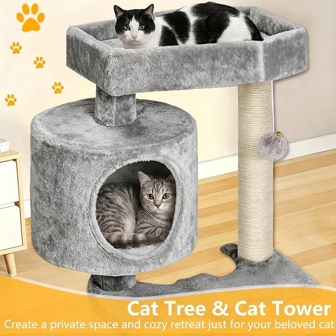 BEWISHOME Cat Tree with Scratching Post, Cat Tower for Indoor Cats | Cat Trees with Cat Bed for Adult Cat or kitten, Cat Condo and Cat Toy Balls Playful, Gray MMJ97G