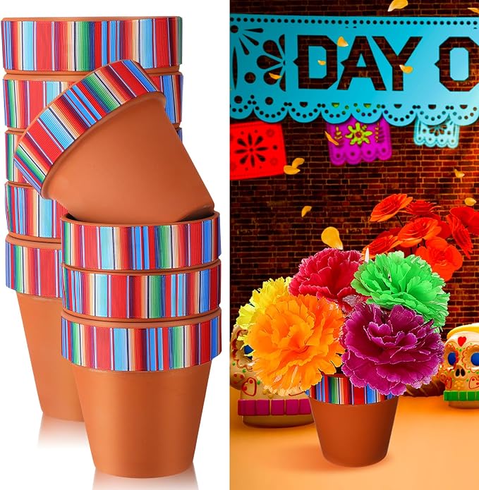 Reallnaive 9 Pcs Mexican Vase Table Decorations Fiesta Centerpieces | 4 Inch Terracotta Clay Pot with Drainage Hole, for Marigold Flower, Day of The Dead Table Decorations, Halloween Party Favor