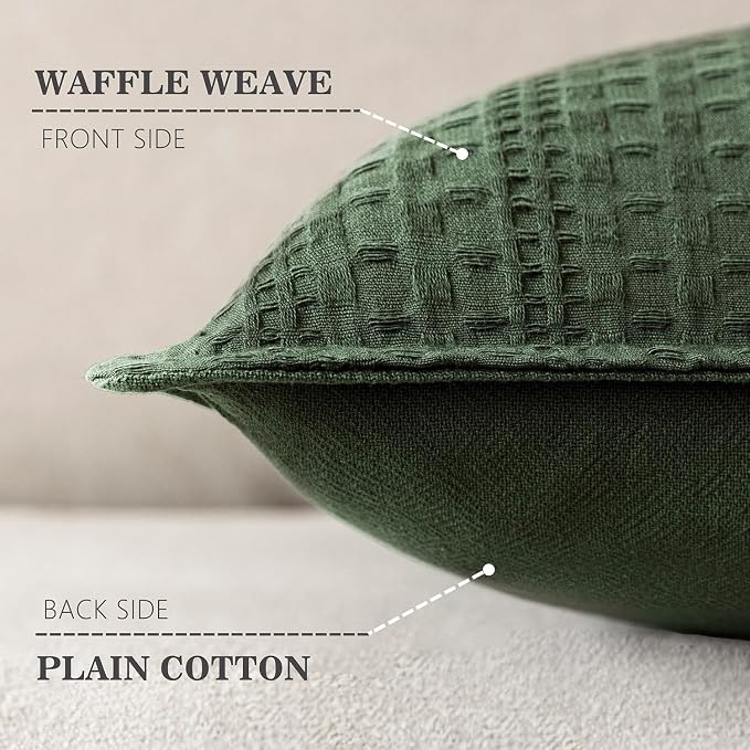 Foindtower Set of 2 Decorative Cotton Waffle Weave Throw Pillow Covers Euro Shams Cushion Covers Accent European Pillowcase for Bed Couch Sofa Bedroom Living Room Home Decor 20×20 Inch Dark Green