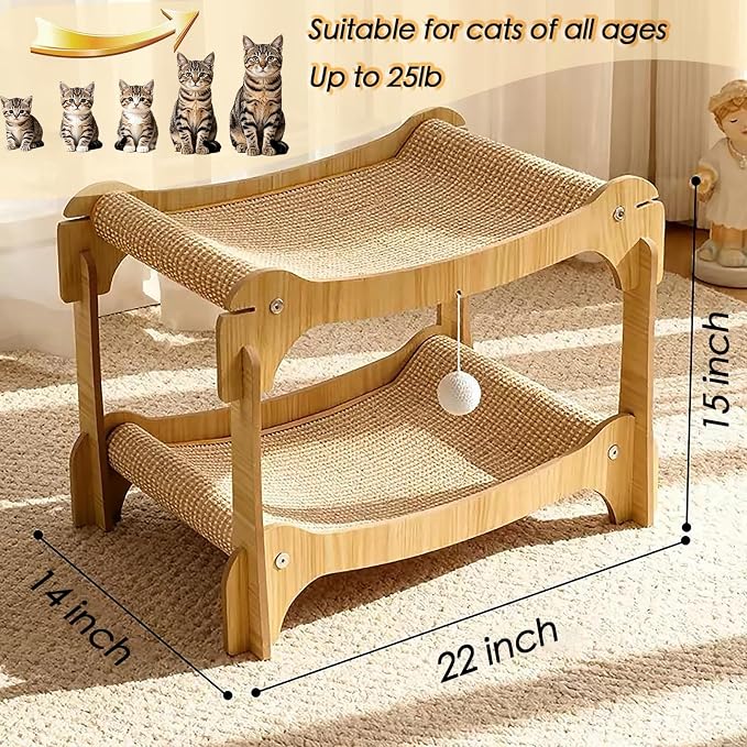 Two Level Sisal Cat Scratcher Bed | Natural Sisal Scratcher, Double Plush Perches, Non-Slip, Tool-Free Assembly for Indoor Apartment Cats Furniture Protection