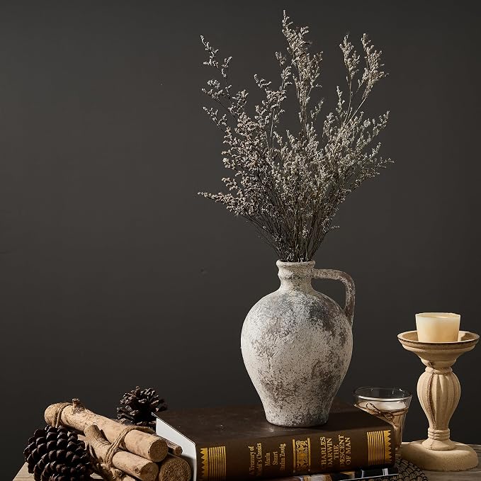 PORCER Antique Ceramic Vase, 8.3 Inch Terracotta Vase with Handle, Tuscan Decor Decorative Vase, Rustic Vase for Home Decor, Farmhouse, Living Room, Floor, Wedding, Christmas- Gray