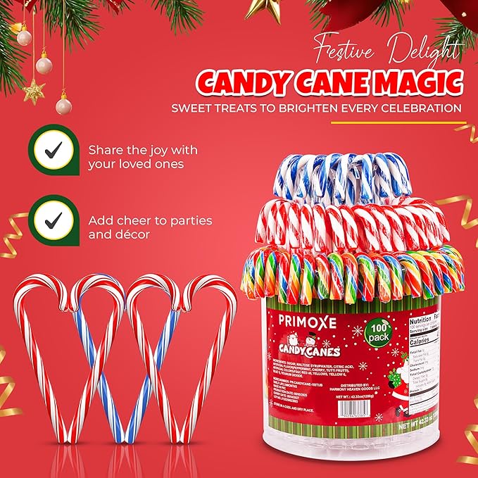 Christmas Candy Canes Assorted Flavors, Tutti Frutti, Blue & White Peppermint Sticks, Red Cherry Mix, Large Candy Canes Individually Wrapped Bulk Christmas Candy for Décor, Parties & Gifts – 100 Count