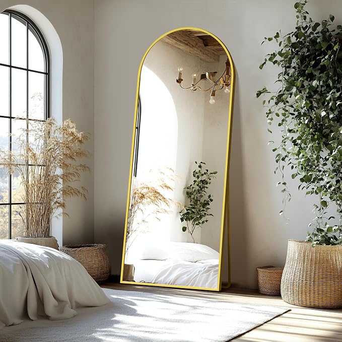 Arched Full Length Mirror with Stand, 69x24 Gold Floor Mirror | Aluminium alloy frame with HD float glass for distortion-free reflection. Free standing or wall mounted.