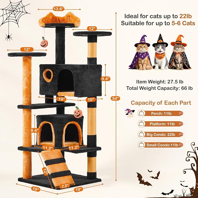 Yaheetech 54in Gothic Cat Tree, Multilevel Indoor Halloween Cat Tower | Activity center with cute kitten-ear perch, scratching posts, 2 kittens caves, black/pumpkin orange halloween decor