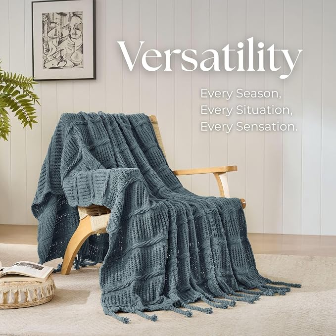 Boho Knitted Chenille Blanket with Tassels - Lightweight & Soft All-Season Throw - 3D Classic Pattern for Living Room Bedroom Couch, Celestial Blue, Throw 50"x60"