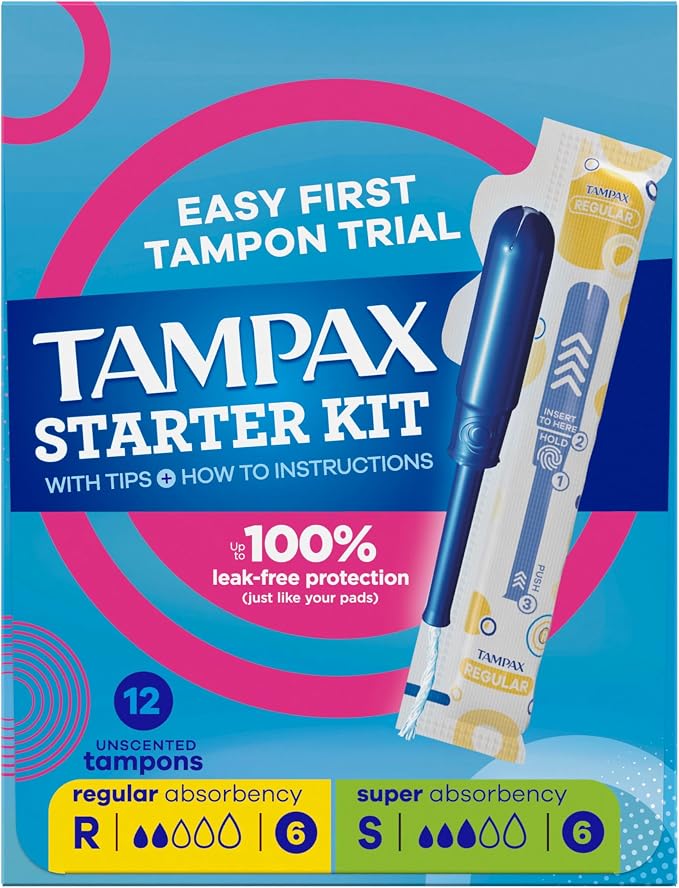 Tampax Starter Kit Multipack, with LeakGuard Braid, Regular/Super Absorbency, Easy First Tampon Trial, Unscented, 12 Count