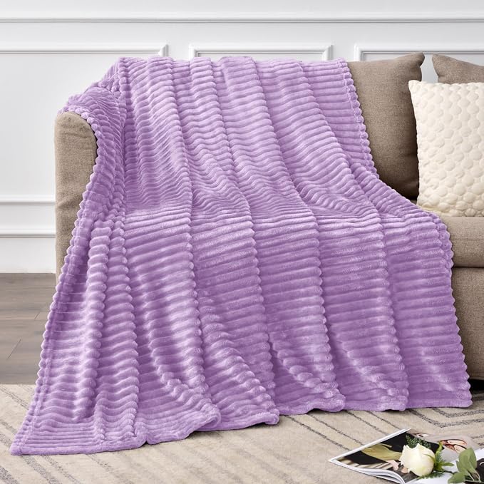BEDELITE Ribbed Jacquard Lavender Fleece Twin Blanket for Bed, 60x80 Inch | Soft Warm Decorative Fluffy Blanket, Cozy Plush Lightweight Fuzzy Throw Blanket for Couch Sofa Room Decor, Gift for Women