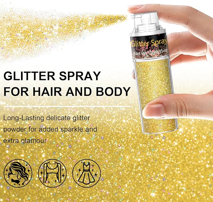 Hair and Body Glitter Spray, 1PC Glitter Hairspray Dry Powder Makeup for Clothes, Festival Rave Prom Loose Sparkle Powder,Holographic Ultra Fine Resin Glitters for Crafts (Sparkling Gold)