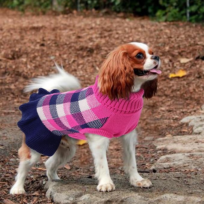 Dog Sweater Dress Plaid Knitwear for Small Medium Dogs Warm Puppy Pet Turtleneck Stretch Pullover Cute Fall Winter Vest Clothes with Leash Hole for Christmas (Navy, XL)
