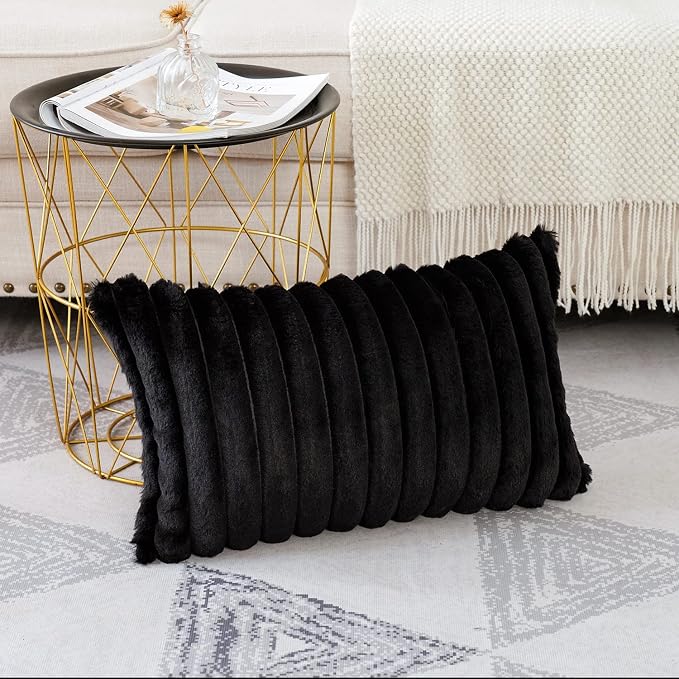 Soleebee Set of 2 Throw Pillow Covers Soft Cozy Velvet Pillowcase Faux Rabbit Fur Cover for Couch Sofa Bed Chair Home Decorative Pillows Cover (12x20 Inch, Black)