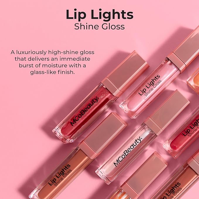 MCoBeauty - Lip Lights Shine Gloss - Nude Lip Gloss - High Shine Glass-Like Finish with Built-In LED Light & Mirror - Moisturizing Lightweight - Face Makeup
