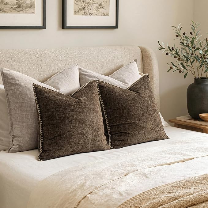 MIULEE Decorative Couch Throw Pillow Covers 20x20 Inch Brown 2 Pack | Farmhouse Pillow Covers with Stitched Edge, Soft Chenille Cushion Cases, for Sofa Bed Living Room Home Decor