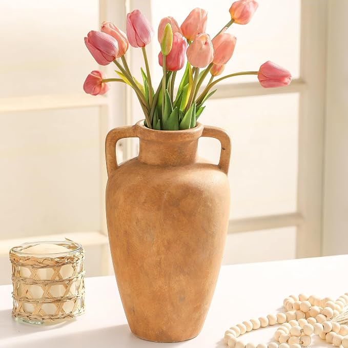 Ceramic Vase with 2 Handles, 11.41 Inch Rustic Farmhouse Vase | Terracotta Wide Mouth Vase Adds Rustic Farmhouse Charm to Living Room, Entryway, Shelf, and Table Decor, Perfect for Weddings
