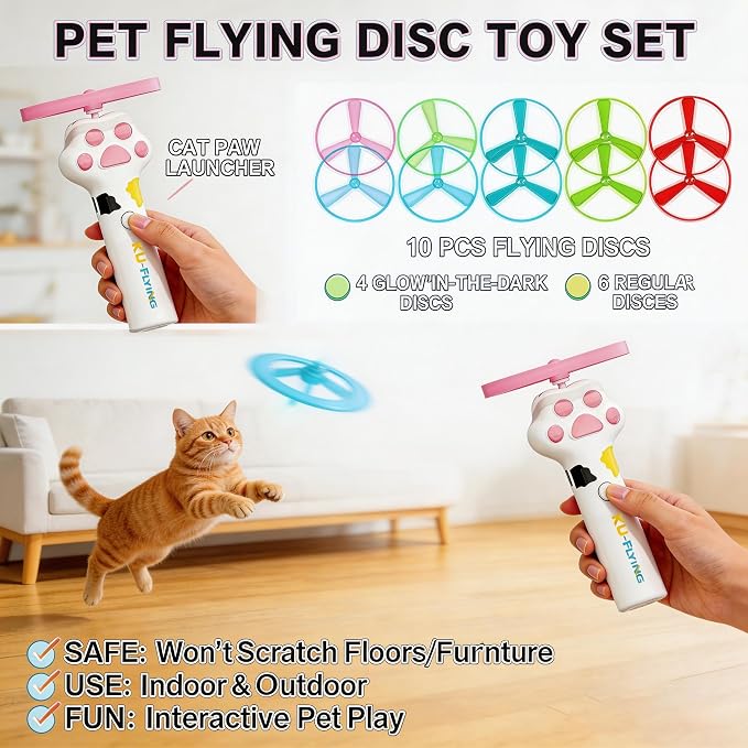 Cat Toy Disc Launcher,Rechargeable Interactive Cat Fetch Toy with 10 Discs | Cat Toys for Indoor Cats,Flying Cat Enrichment Toys for Adult Kittens Dog Playing,Hunting Tracking Toys for Outdoor Indoor