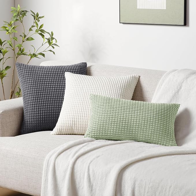 Softalker Corduroy Decorative Throw Pillow Covers 12x20, Set of 2, Cream | Soft Boho Striped Pillow Cases, Couch Fluffy Cushion Covers for Farmhouse Home Decor Bed Living Room