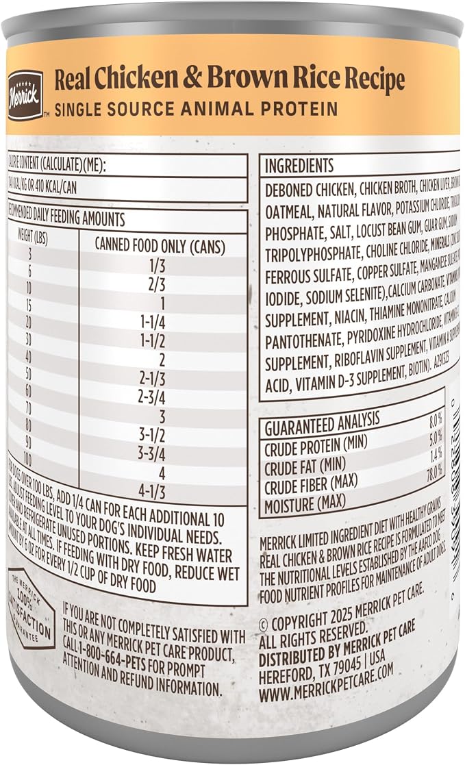 Merrick Limited Ingredient Diet Healthy Grains Canned Wet Dog Food Chicken & Brown Rice Recipe for Adult Dogs, 12.7 oz Can