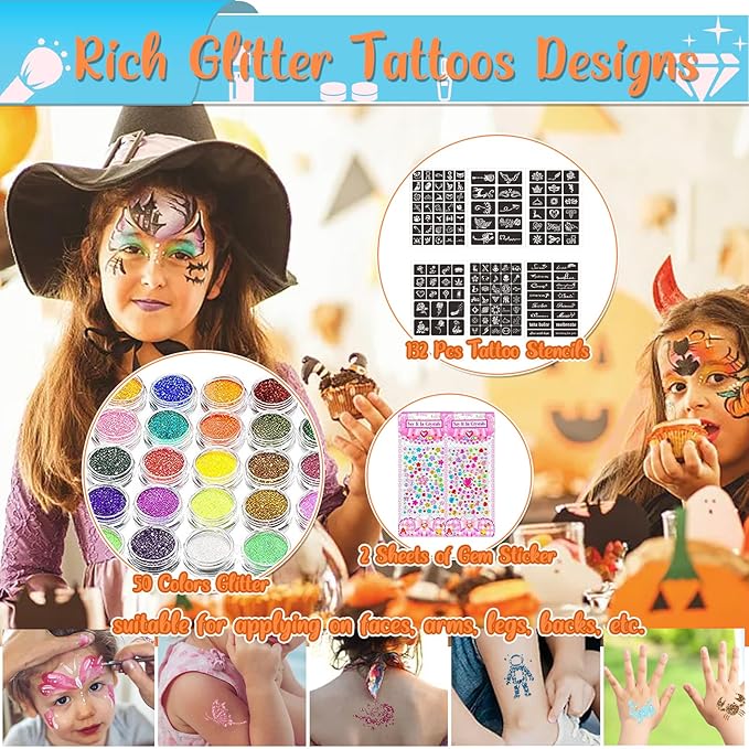 TEUVO Kids Glitter Tattoo Kit with 50 Colors Glitter Powder, 132 Stencils, 10 Luminous Sticker, 6 Glow-in-the-Dark Powder, Body Face Glitter Makeup Temporary Tattoos for Halloween Christmas Birthday