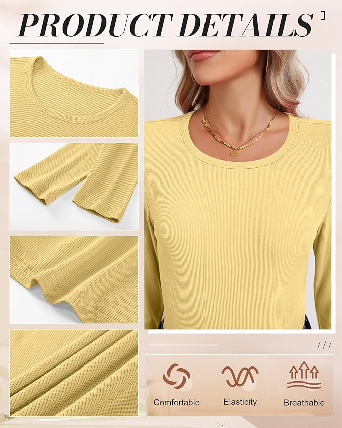 Ficerd 3 Pack Women's Ribbed Long Sleeve Tops, Crew Neck Slim Fit Undershirts Knit Basic Casual Stretch Layering Tee Shirts