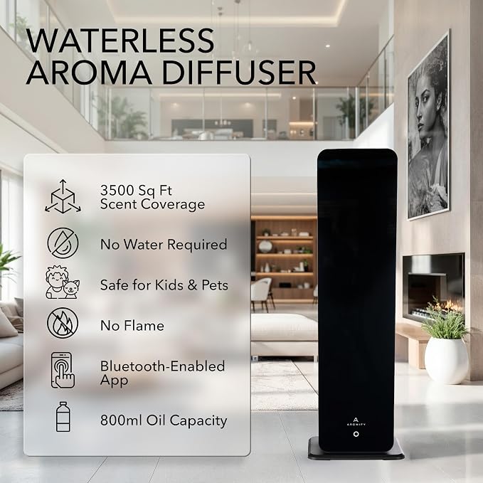 Tower Waterless Diffuser, 3500 Sq Ft Coverage, Essential Oil Diffuser with Bluetooth & App Control, Quiet & Silent Operation, Cold Air Aromatherapy Scent Diffuser for Home, Office & Spa