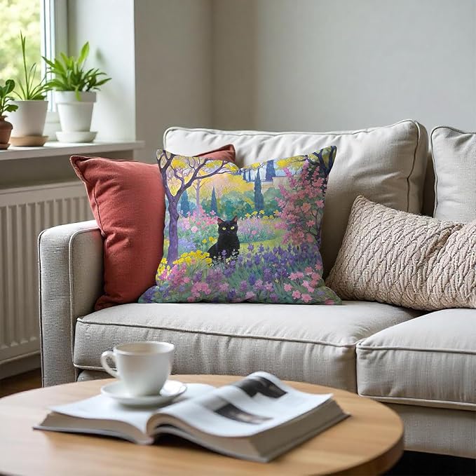 Spring Garden Black Cat Pillow Covers 18x18, Cats Lovers Lady Gifts, Cat Mom Grandma Gifts, Vintage Floral Cats Decorative Pillow Covers for Home Bedroom Living Room Office Decor