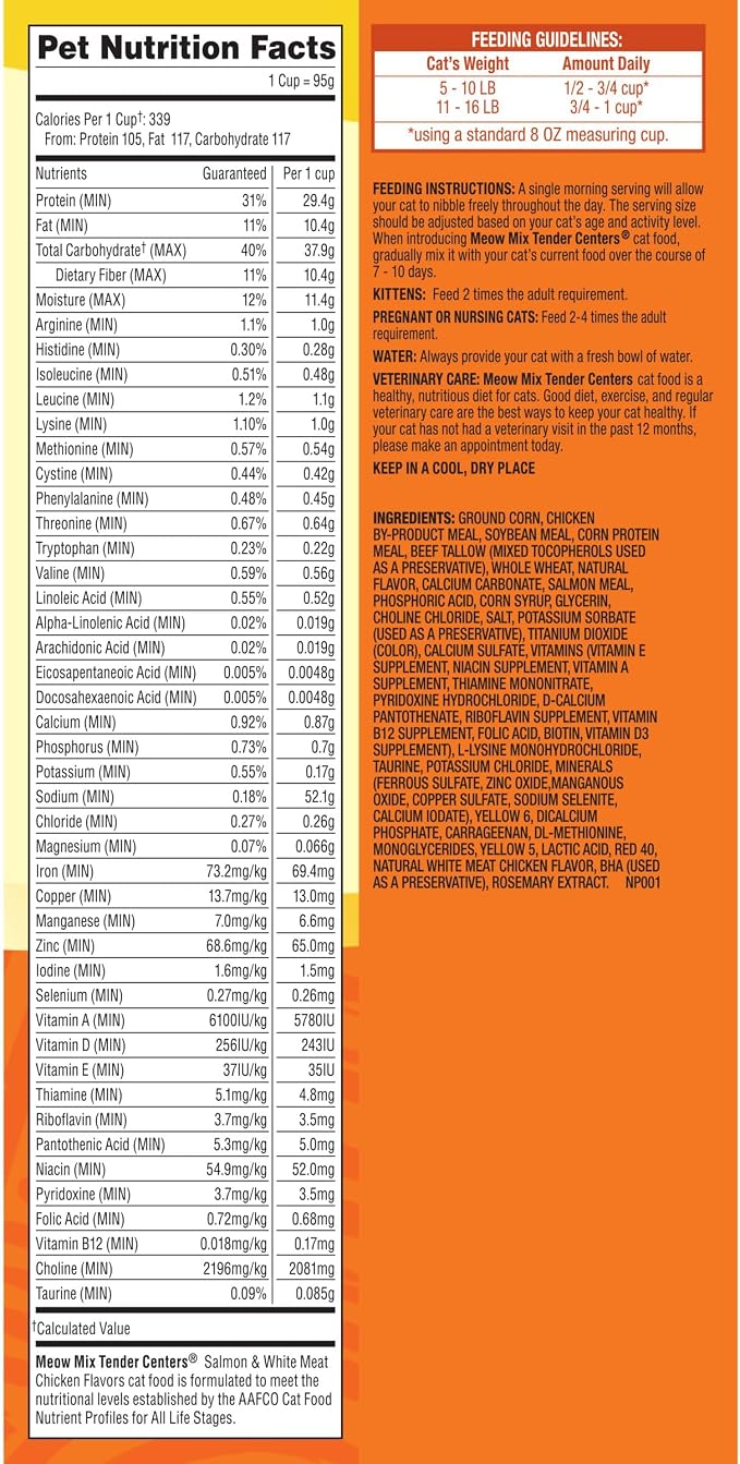 Meow Mix Tender Centers Salmon & White Meat Chicken Flavors, Dry Cat Food, 14.2 lb. Bag | Dry cat food with two texture kibble, meaty center surrounded by a crunchy outer layer.