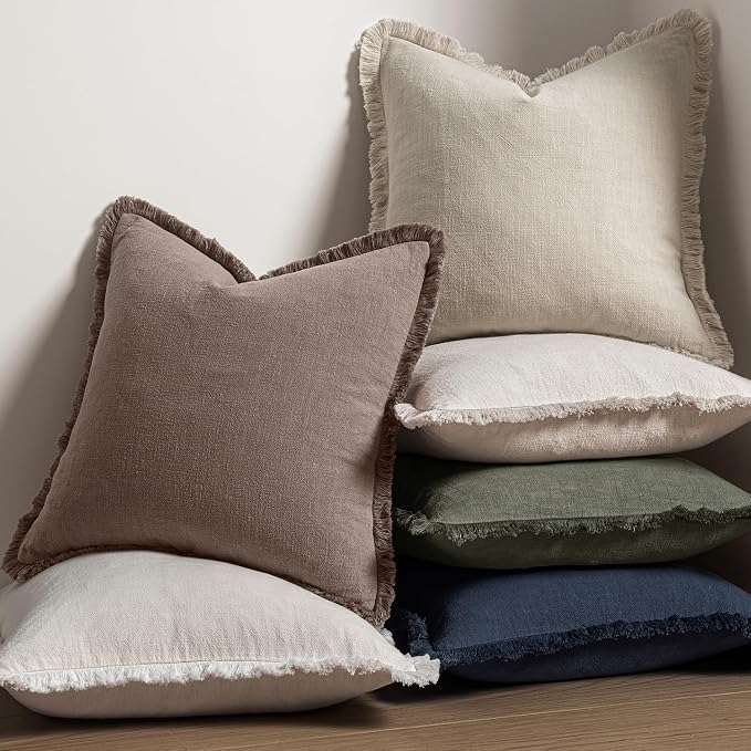 MIULEE Linen Fringe Decorative Fall Euro Pillow Covers Malt Ball 22x22 | Set of 2, Cottagecore Decor, Boho Farmhouse Neutral Throw Pillow Covers, Rustic Fall Couch Cushions for Sofa Bed Living Room