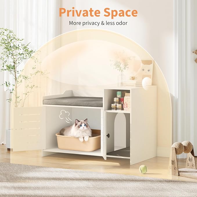 Cat Litter Box Enclosure Furniture, Large Hidden Litter Box Cabinet with Double Door, End Table Cat House with Storage Shelf, Modern Pet Furniture for Living Room, White