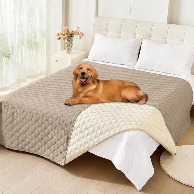 Smiry Waterproof Reversible Dog Bed Cover Pet Blanket | Pet Friendly, Soft Fabric, Washable Dog Blanket for Furniture Bed Couch Sofa, Checkered (82"x82", Taupe/Beige)