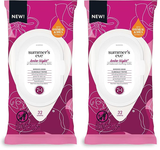 Summer's Eve Amber Nights Daily Refreshing Feminine Wipes, Removes Odor, pH Balanced, 32 count (Pack of 2)