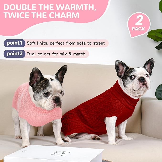 Dog Sweater 2 Pack for Medium Dogs, Size M, Pink & Red | Stretchy cable knit turtleneck, machine washable, high belly cut, comfy winter fit for French Bulldog, Pug