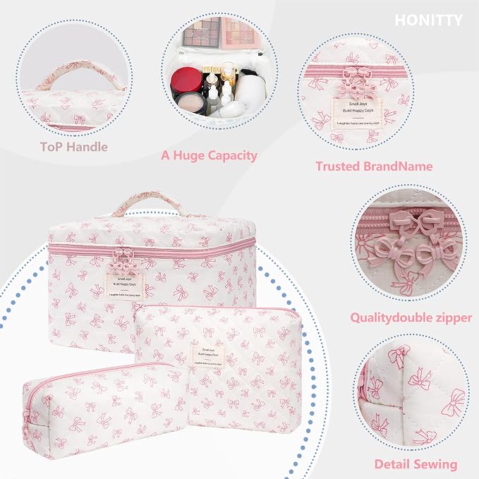honitty Makeup Bag,Quilted Cosmetic Bags,Large Floral Make Up Organize bag,Makeup Bag Set for Women,Flower Travel Toiletry Bag