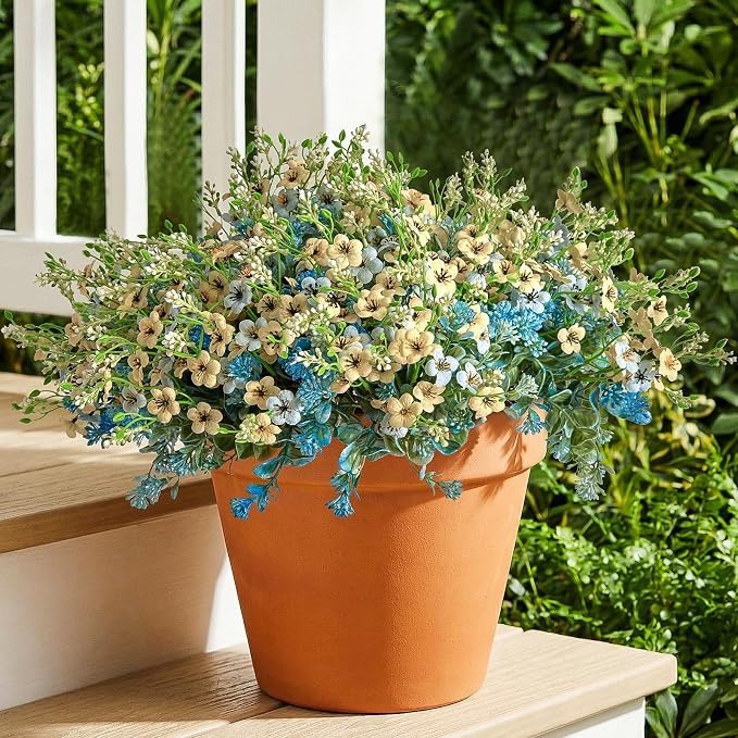 RM ROOMERS Artificial Flowers Plants for Outdoors, Fake Flowers Blue&Yellow | Forget-me-not UV Resistant Faux Flower for Garden Porch Windowbox Front Door Yard No Fade Home Vase Decor(4 Bundles/24 Stems)