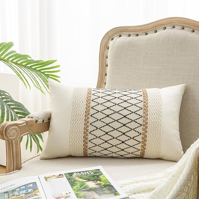 Lumbar Throw Pillow Covers Set of 1 (Beige & Black, 12x20 Inch) | Linen Cotton Soft Cozy, Decorative Sofa Couch Pillow Cases, Textured Woven Single Striped, Boho Sytle for Living Room