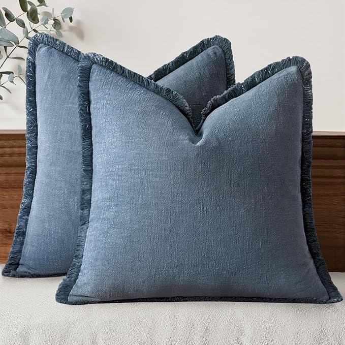 MIULEE Linen Fringe Decorative Euro Throw Pillow Covers Blue Ashes 24x24 | Set of 2, Cottagecore Decor, Boho Farmhouse Coastal Pillow Covers, Rustic Couch Cushion Cases for Sofa Bed Living Room