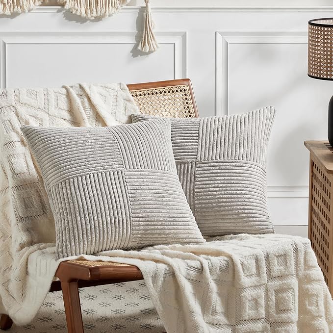 Fancy Homi 2 Packs Neutral Grey Samll Decorative Throw Pillow Covers 14x14 Inch with for Couch Bed Sofa, Rustic Farmhouse Boho Home Decor, Soft Corss Patchwork Corduroy Square Cushion Case 35x35 cm