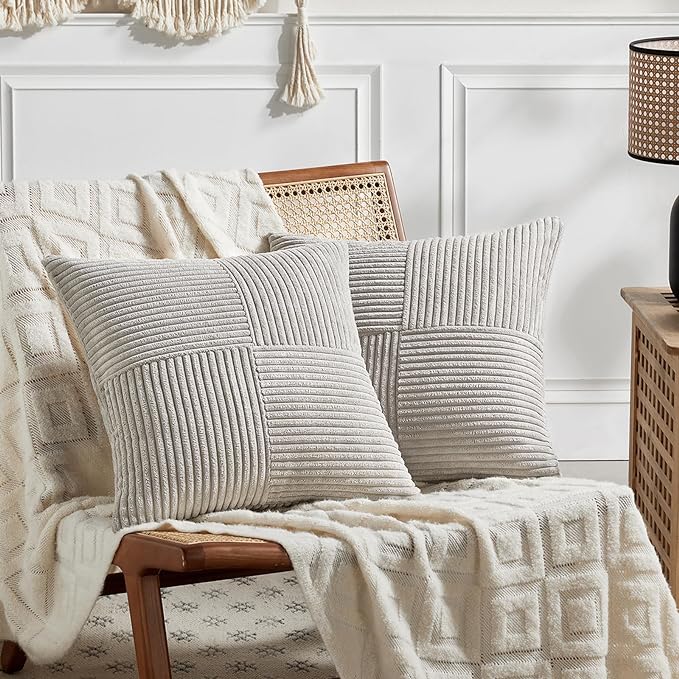 Fancy Homi Neutral Grey Decorative Throw Pillow Covers 18x18 Inch for Living Room Couch Sofa, Rustic Farmhouse Boho Home Decor, Soft Corss Corduroy Patchwork Textured Square Cushion Case 45cm
